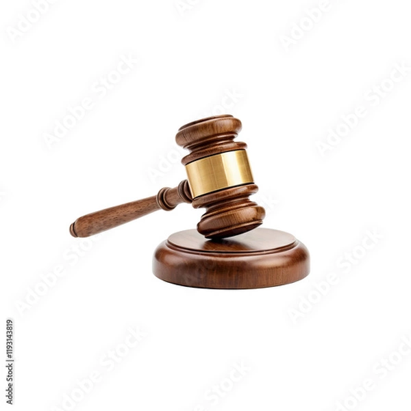 Fototapeta Gavel of Justice: A close-up shot of a wooden gavel resting on a circular sound block, capturing the symbol of law and order, ready to bring down the hammer and make a decisive ruling.