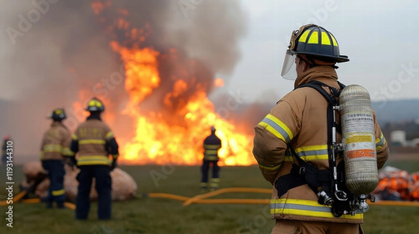 Fototapeta Firefighter in a rigorous training session, practicing emergency response tactics with fire simulation, emphasizing preparedness