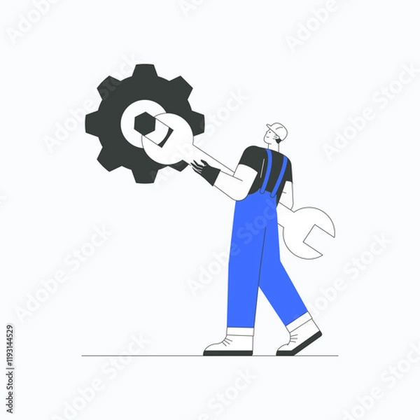Fototapeta Man holding wrench and large gear symbolizing mechanics, engineering, and repair work in flat vector illustration, isolated on white background