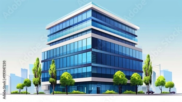 Fototapeta Modern Office Building with Blue Fins Pattern: Professional Architectural Design Illustration