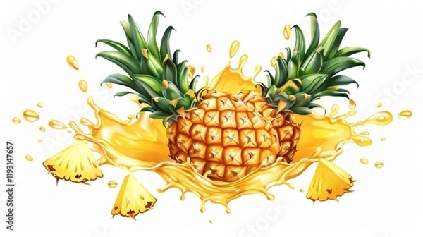 Fototapeta Juicy Ripe Pineapple with Splashing Juice on White Background