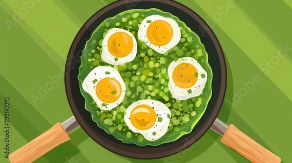 Fototapeta Delicious Green Shakshouka in Frying Pan Top View Cartoon