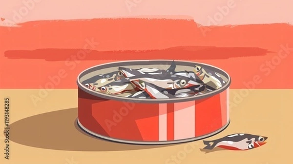 Fototapeta Delicious Sprats in Tin Can on Tabletop Flat Lay