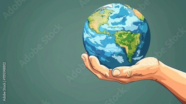 Fototapeta Global Environment Protection with Earth Globe. Eco-Friendly Hand Saving Planet. Cartoon Vector Illustration.