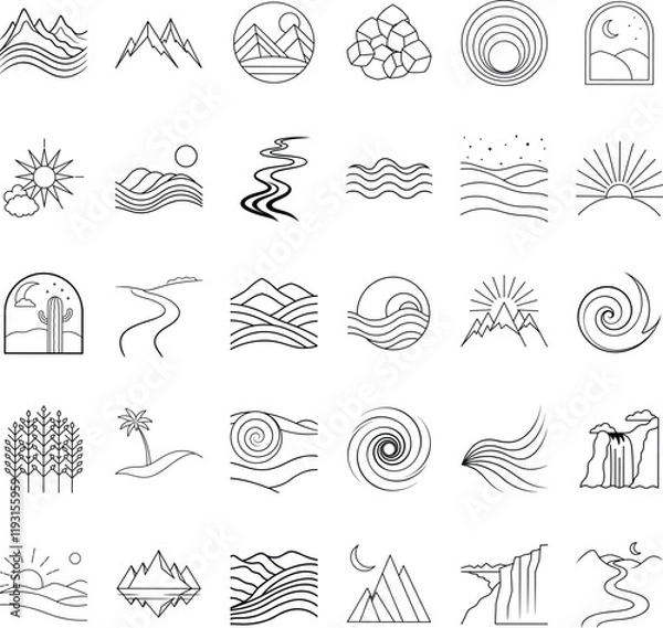 Fototapeta Minimalist Line Art Nature Icons Mountains, Waves, Sun, Desert