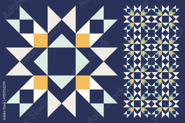 Obraz Geometric Star Pattern, Bold and Colorful Quilt Design with Repeating Motif, seamless vector pattern, abstract geometric background. Traditional barn star-shaped patchwork quilt block
