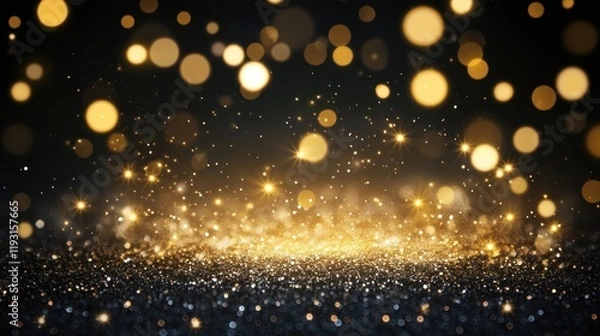 Fototapeta Sparkling gold glitter on black background with bokeh lights.