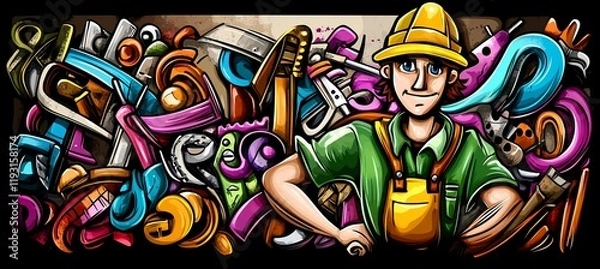 Fototapeta Cartoon handyman amidst tools and equipment.
