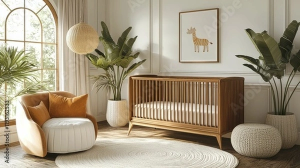 Fototapeta This image showcases a stylish nursery with a wooden crib, modern chair, and soft decor. Featuring natural light and greenery, it creates a serene environment.