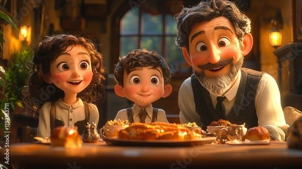 Obraz A family gathered around a table, symbolizing love, connection, and shared moments, warm light, cozy atmosphere, detailed