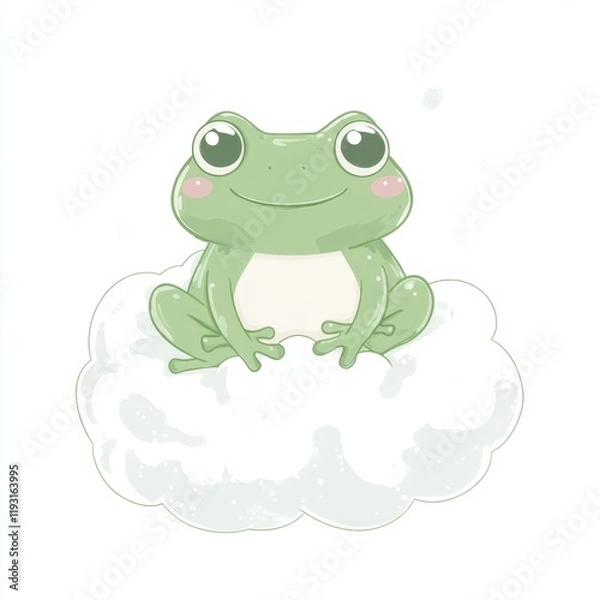 Obraz Cute Green Frog Sitting on a Fluffy Cloud