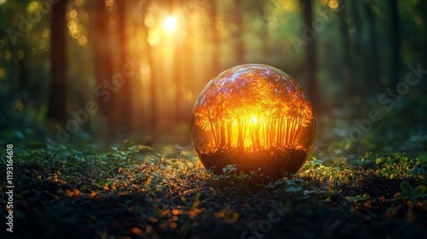 Fototapeta A globe with trees growing on it, symbolizing the importance of protecting nature worldwide, symbolic, bright setting, focused