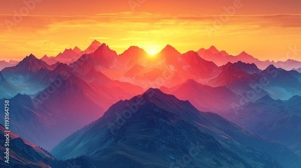 Obraz A golden sunrise over a mountain range, with peaks silhouetted against the sky, majestic mountain sunrise