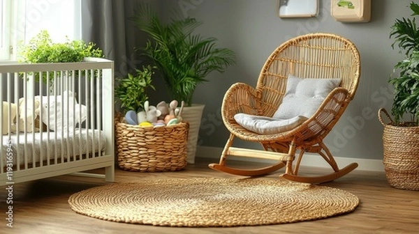 Fototapeta A serene nursery showcasing a rattan rocking chair, a crib, and a wicker basket filled with plush toys. The space features a calming, neutral palette.