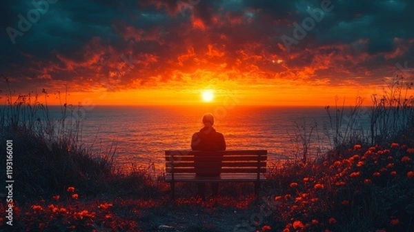 Obraz A lone person sitting on a bench watching the sunrise, contemplative moment, tranquil sunrise