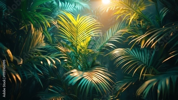 Fototapeta Misty morning in a tropical jungle with towering green trees Tropical Stock Photo with side copy space