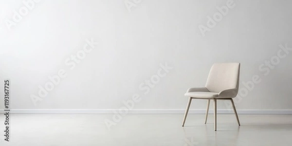 Fototapeta A single, light beige upholstered chair sits against a minimalist white wall in an empty room