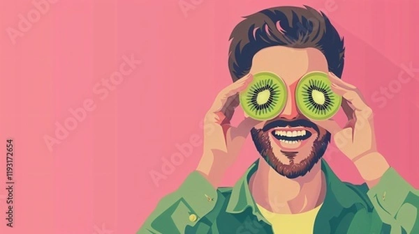 Obraz Joyful man hiding eyes with fresh kiwi slices on pink background