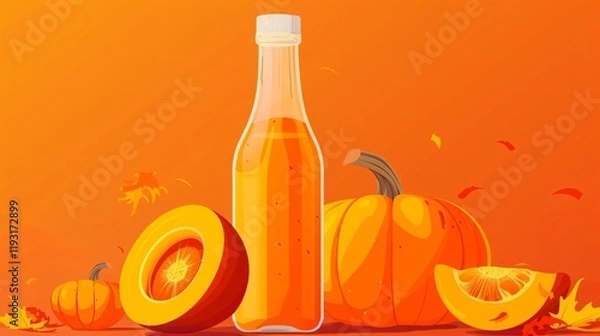 Obraz Delicious Pumpkin Juice in Glass Bottle with Freshly Cut Pumpkin, Autumn Beverage Concept