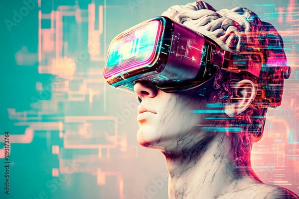 Fototapeta Marble statue wearing virtual reality headset experiencing time warp