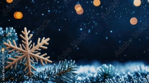 Fototapeta A sparkling snowflake nestled in evergreen branches, creating a magical winter scene with soft glowing lights.