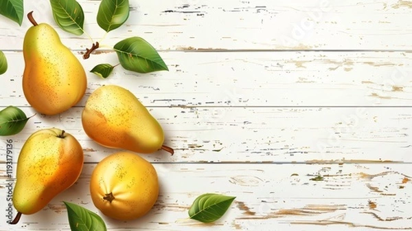 Fototapeta Fresh Ripe Juicy Pears on White Wooden Table, Flat Lay Concept. Ample Copy Space Available