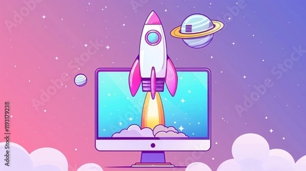 Fototapeta Innovative Business Startup Concept with Rocket Launching from Monitor