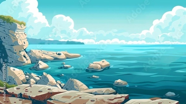 Fototapeta Serene Wet Stone Sea Coast Background for Design Projects