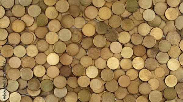 Fototapeta Gold coins are spread out evenly across the surface, creating a shimmering effect and showcasing their rich color and unique textures