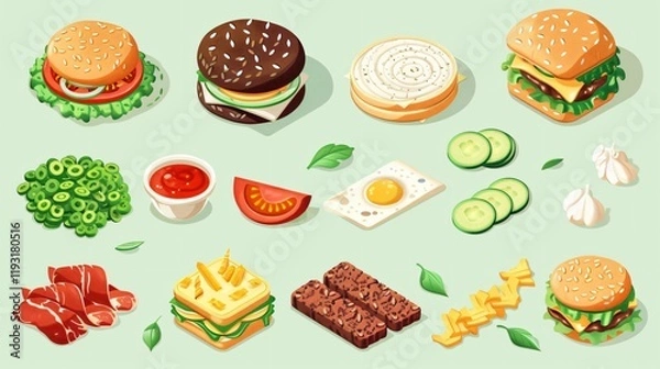 Fototapeta Creative Isometric Burger Ingredients Vector Illustration for Design Projects