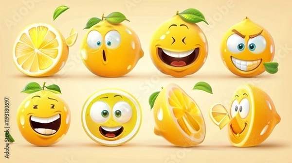 Fototapeta Funny Lemon Character Emoji Set: Cute Cartoons for Expressive Communication