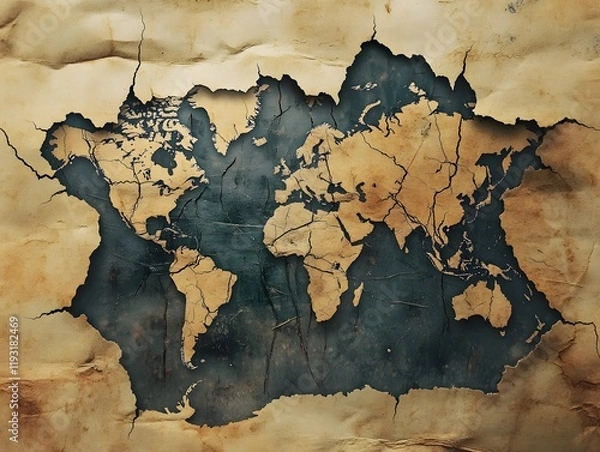 Fototapeta Vintage Style World Map Illustration with Cracked Edges on Weathered Background for Use in Travel and Exploration Themes in Various Projects