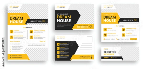 Fototapeta Construction marketing collateral set. Included Construction flyer design, Social media banner design, web banner design, post card design. Print template layout design vector.