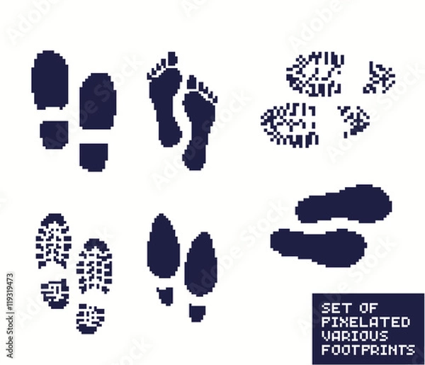 Fototapeta Set of pixel footprints, shoes and boot, pixelated illustration. - Stock vector