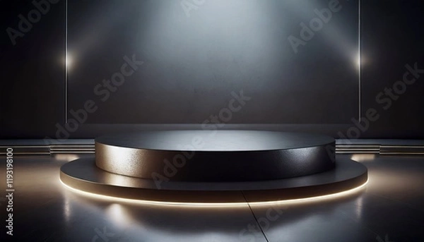 Fototapeta Futuristic dark metallic podium platform with light with a circular shape and illuminated ring for production replacement