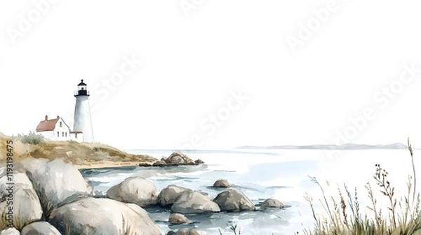Fototapeta Coastal Lighthouse Scene With Rocks And Calm Water