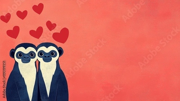 Fototapeta Two adorable cartoon-style monkeys face each other, surrounded by floating hearts against a vibrant pink background, symbolizing love and affection.