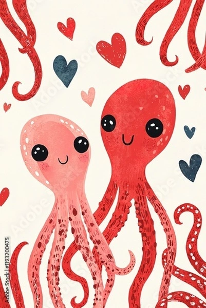 Fototapeta Two cute, cartoon-style octopuses, one pink and one red, surrounded by hearts, exuding a playful and affectionate vibe.
