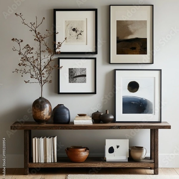 Fototapeta Minimalist home decor with artwork, vases, and books on a rustic wooden console table.