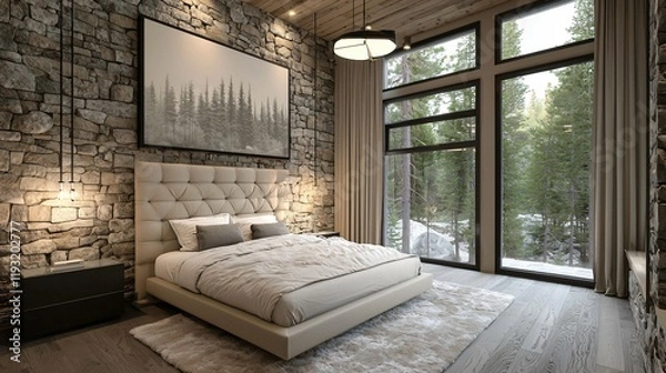 Fototapeta Luxurious Mountain Cabin Bedroom Interior Design with Stone Wall and Large Windows
