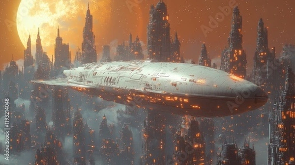 Obraz Spaceship over Futuristic Cityscape at Night
