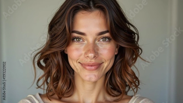 Fototapeta A woman gazes confidently into the camera, her eyes sparkling with warmth beneath soft, browns waves cascading down. Perfectly shaped brows accentuate her subtle, inviting smile