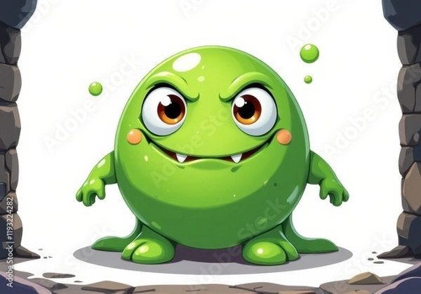 Fototapeta Playful Green Cartoon Monster Emerging from Stone Cave Cute and Mischievous Creature Illustration