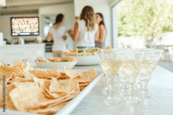 Fototapeta Group of young adults mingling near table with chips and drinks, background