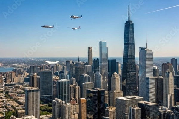 Obraz Aerial shot of a city with numerous skyscrapers and planes flying overhead under clear blue skies, skyscrapers, tall buildings
