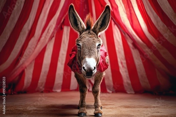 Obraz Donkey in a clown costume stands alone in an empty circus tent full of muted colors
