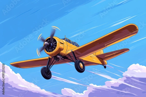 Fototapeta Vintage yellow propeller airplane soaring through blue sky with clouds