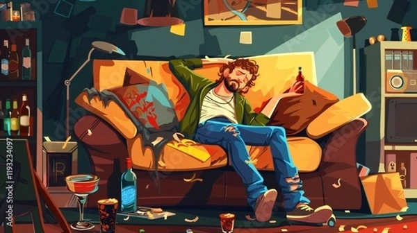 Fototapeta Exhausted Drunk Man on Sofa in Chaotic Room Post Celebration