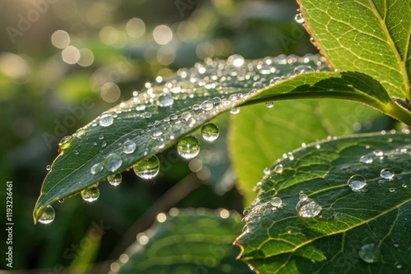 Fototapeta A macro shot of dewdrops on a green leaf in natural morning light.