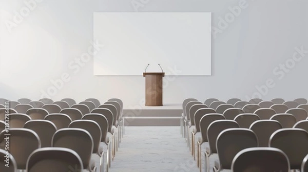 Fototapeta Neatly arranged rows of chairs facing a podium and banner on a white background for a local seminar.